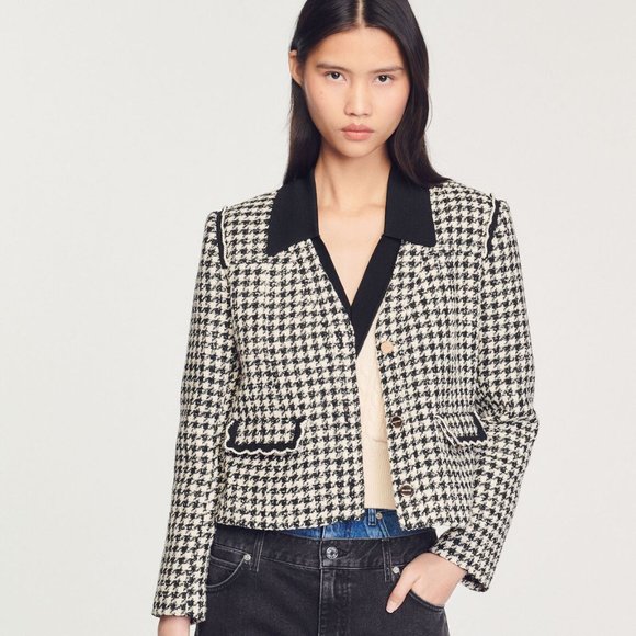Sandro Houndstooth Tweed Jacket, Black, Size 36 / S - Picture 7 of 11